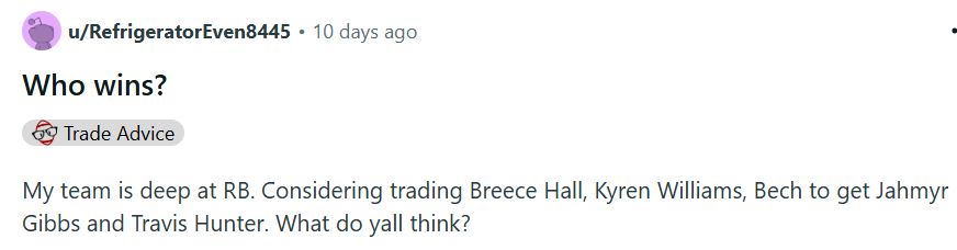 Breece Hall Kyren Williams Jack Bech Jammer Gibbs Travis Hunter Grade the Trade Dynasty Fantasy Football Reviews from Reddit submissions by John Hammersmith June 2025 SF 1QB Blockbusters Sleepers Player Swap Advice for Offseason Managers