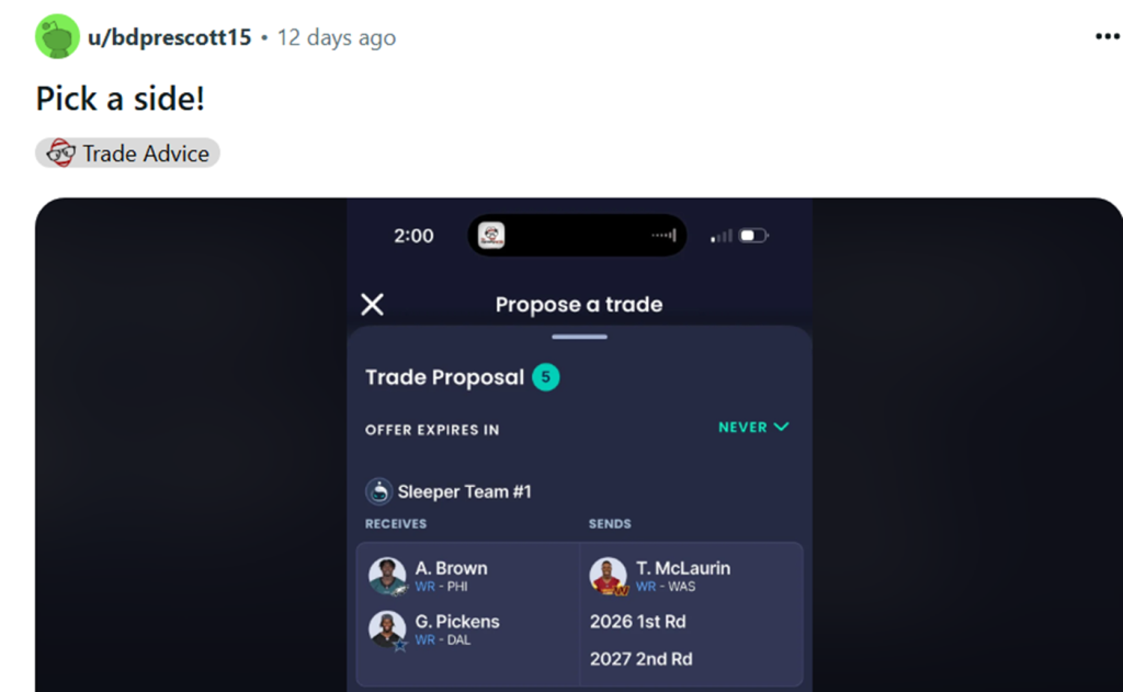 A.J. Brown George Pickens Terry McLaurin Grade the Trade Dynasty Fantasy Football Reviews from Reddit submissions by John Hammersmith June 2025 SF 1QB Blockbusters Sleepers Player Swap Advice for Offseason Managers