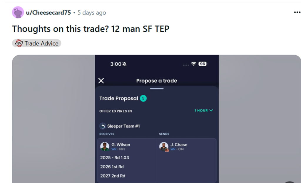 Ja'Marr Chase Garrett Wilson Grade the Trade Dynasty Fantasy Football Reviews from Reddit submissions by John Hammersmith June 2025 SF 1QB Blockbusters Sleepers Player Swap Advice for Offseason Managers