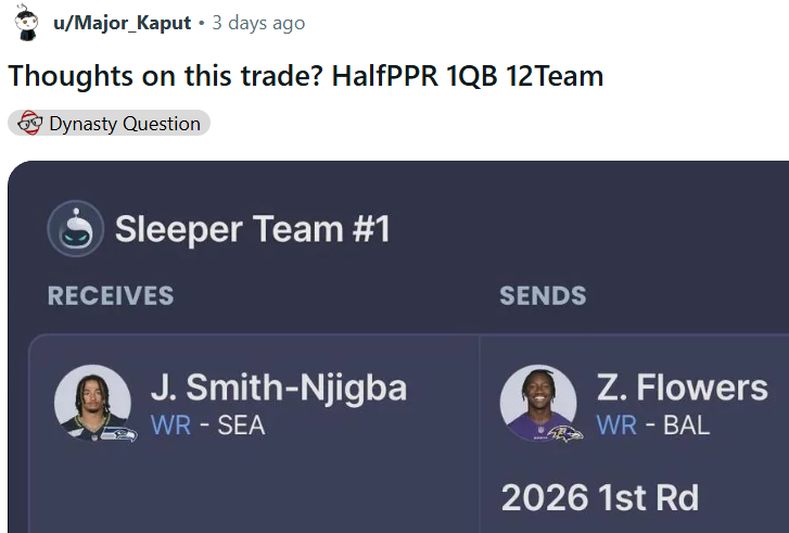 JSN Zay Flowers Grade the Trade Dynasty Fantasy Football Reviews from Reddit submissions by John Hammersmith June 2025 SF 1QB Blockbusters Sleepers Player Swap Advice for Offseason Managers