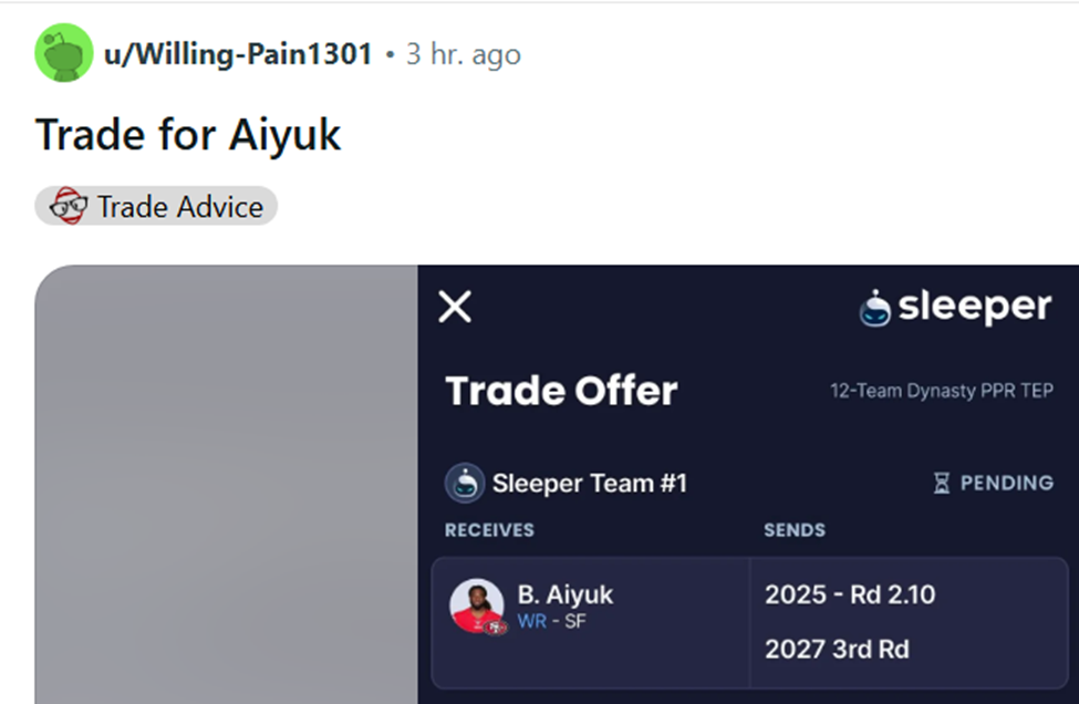Brandon Aiyuk Grade the Trade Reddit Submitted Dynasty Fantasy Football Transactions Buy Sell For or Away High Low Sleeper Nerds App Trade Calculator
