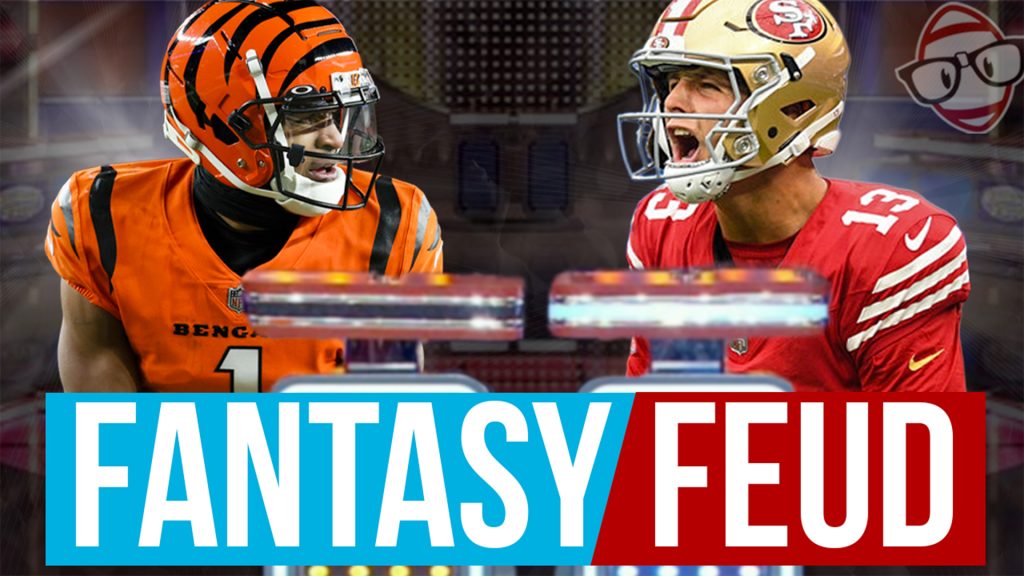 Fantasy Feud thumbnail for dynasty fantasy football podcast featuring Ja'marr Chase and Brock Purdy