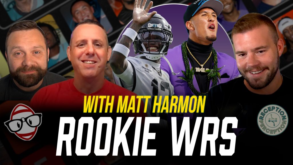 Thumbnail featuring Rich, Garret, and Matt Harmon for the 2025 rookie WR class discussion.